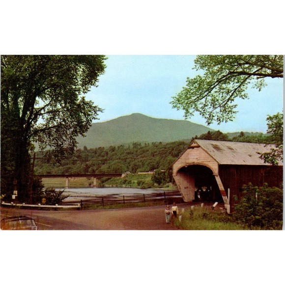 None Other - Toll Bridge & Ascutney Mountain Windsor VT Vintage Covered Bridge Postcard PC15